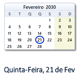 21 Fevereiro 2030 calendario