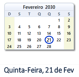 21 Fevereiro 2030 calendario