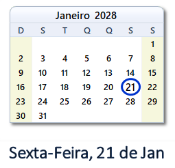 21 Janeiro 2028 calendario