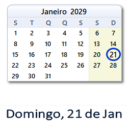 21 Janeiro 2029 calendario