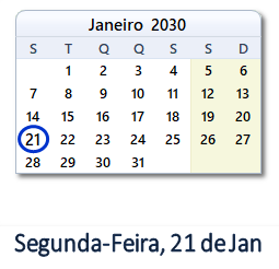 21 Janeiro 2030 calendario