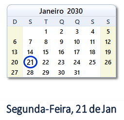 21 Janeiro 2030 calendario