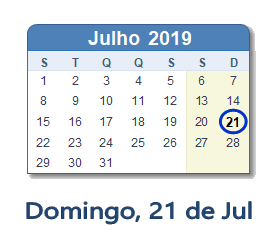 21 Julho 2019 calendario