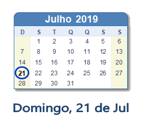 21 Julho 2019 calendario
