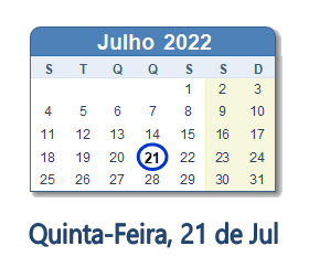 21 Julho 2022 calendario