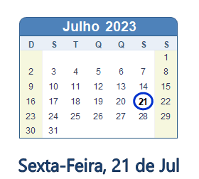 21 Julho 2023 calendario