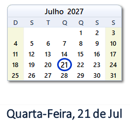 21 Julho 2027 calendario