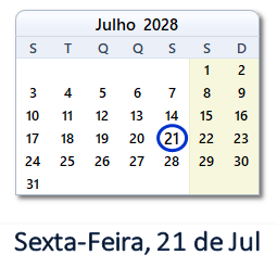 21 Julho 2028 calendario