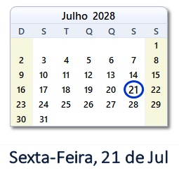 21 Julho 2028 calendario