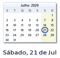 21 Julho 2029 calendario