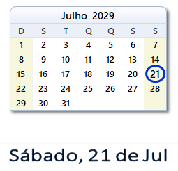 21 Julho 2029 calendario