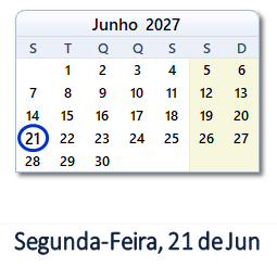 21 Junho 2027 calendario