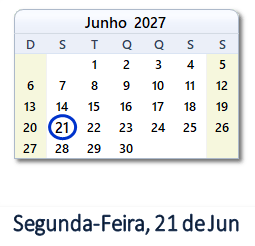 21 Junho 2027 calendario