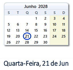 21 Junho 2028 calendario