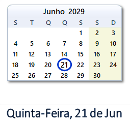 21 Junho 2029 calendario