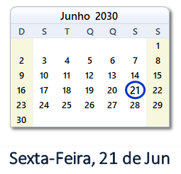21 Junho 2030 calendario