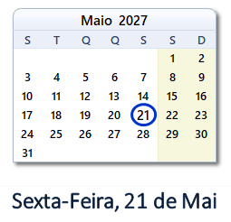 21 Maio 2027 calendario