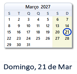 21 Março 2027 calendario