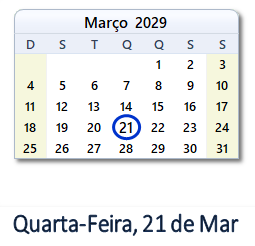 21 Março 2029 calendario