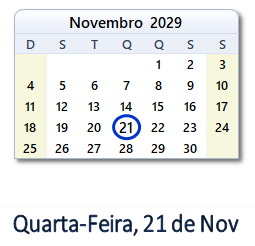 21 Novembro 2029 calendario