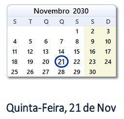 21 Novembro 2030 calendario