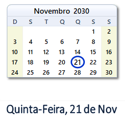 21 Novembro 2030 calendario