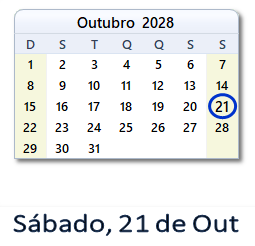 21 Outubro 2028 calendario