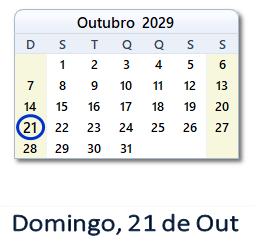 21 Outubro 2029 calendario