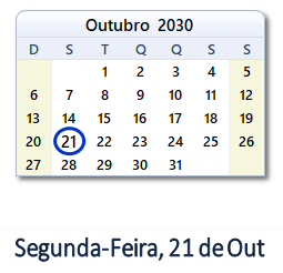 21 Outubro 2030 calendario