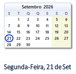21 Setembro 2026 calendario