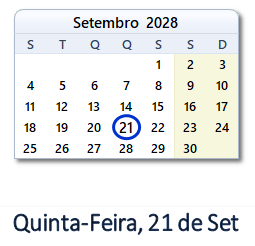 21 Setembro 2028 calendario