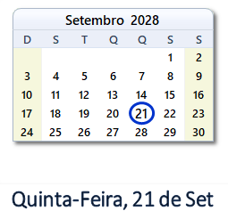 21 Setembro 2028 calendario