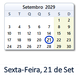 21 Setembro 2029 calendario