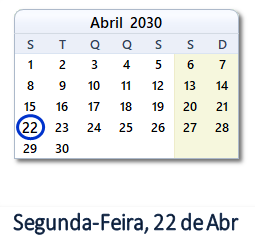 22 Abril 2030 calendario
