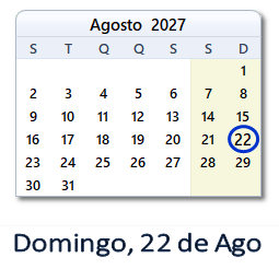 22 Agosto 2027 calendario