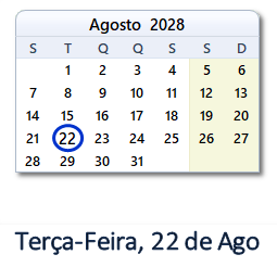 22 Agosto 2028 calendario