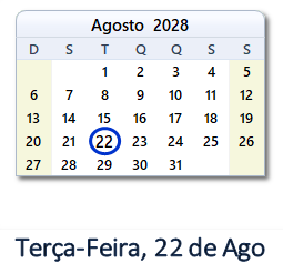 22 Agosto 2028 calendario