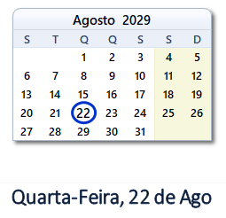 22 Agosto 2029 calendario