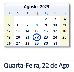 22 Agosto 2029 calendario