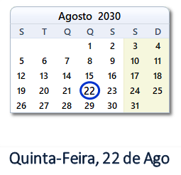 22 Agosto 2030 calendario