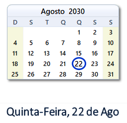 22 Agosto 2030 calendario
