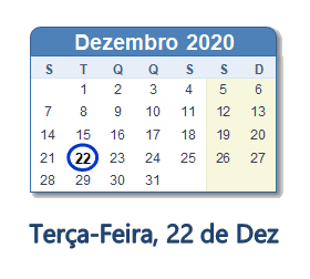 22 Dezembro 2020 calendario