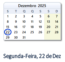 22 Dezembro 2025 calendario