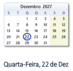 22 Dezembro 2027 calendario