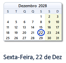 22 Dezembro 2028 calendario