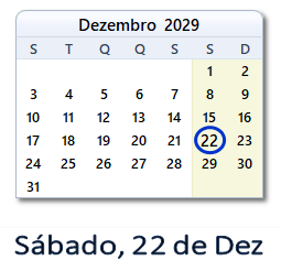22 Dezembro 2029 calendario