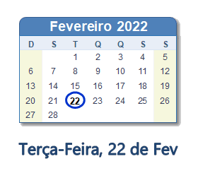 22 Fevereiro 2022 calendario