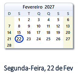 22 Fevereiro 2027 calendario