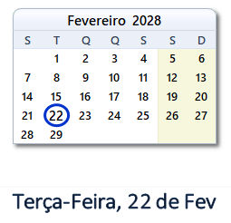 22 Fevereiro 2028 calendario