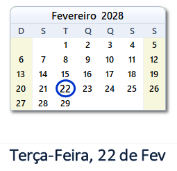 22 Fevereiro 2028 calendario